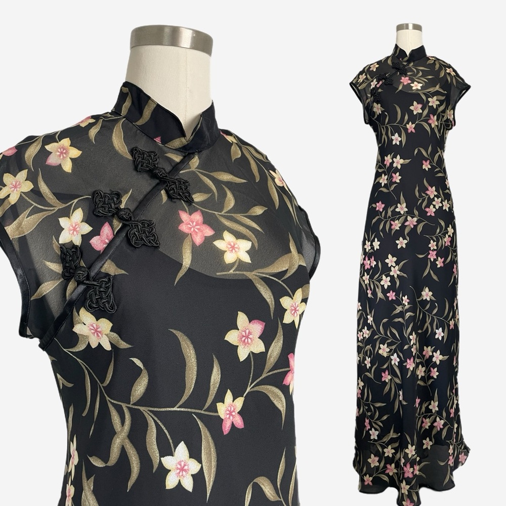 Vintage Y2K NWT Deadstock Ronnie Nicole black sheer floral cheongsam maxi M/L